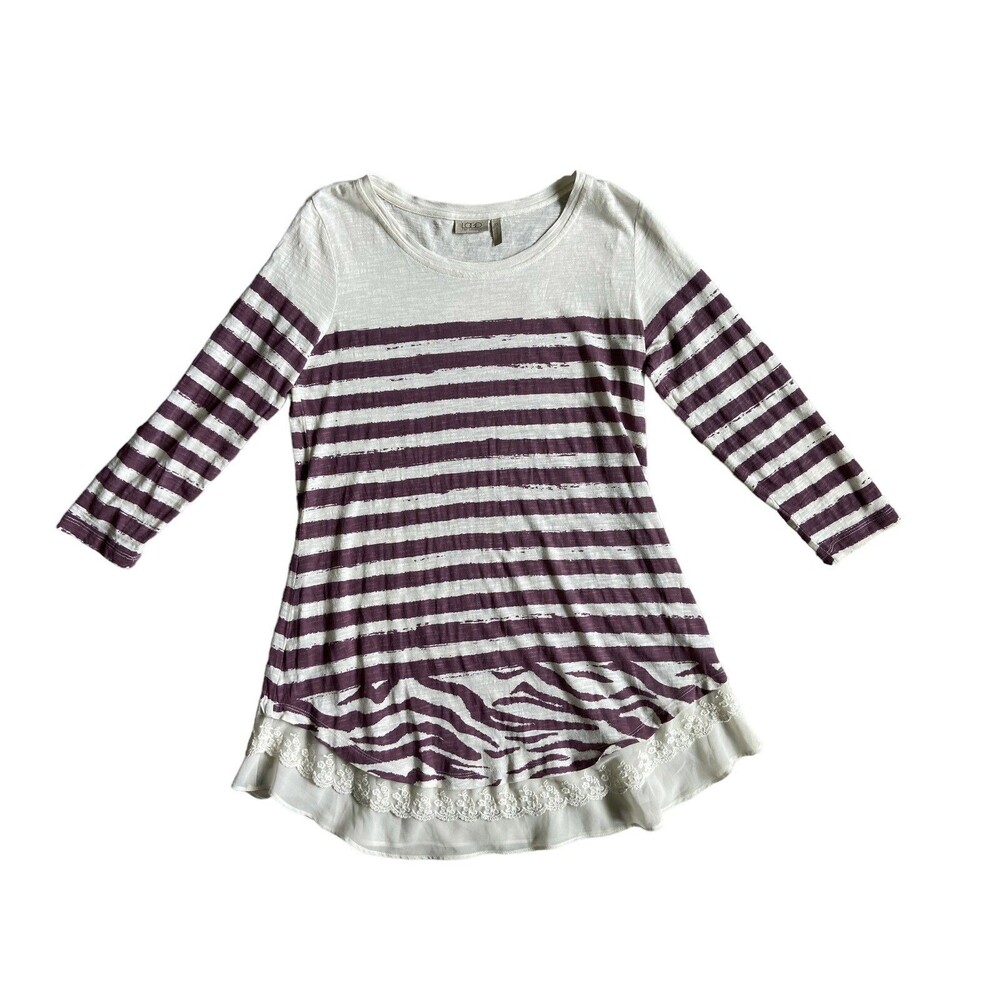 Womens Striped Lace Hem Tunic‎ Top Size XS Slub Knit Boho Romantic Asymmetrical